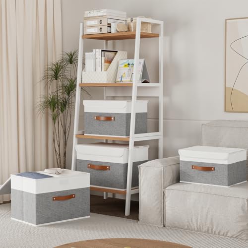 Yawinhe Collapsible Storage Bin, Cube Organizer Basket, Fabric Box with Lids, Washable and Leather Handle, for Home, Closet, White/Grey, 13.0''Lx9.0''Wx7.9''H, 1-Pack, SNK024WGS-1 - color: White/Grey, size: M/(1 Pack)