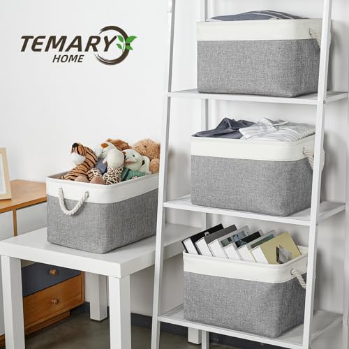 Temary Storage Baskets 4Pack Fabric Storage Bins Clothes Baskets with Rope Handle, Decorative Basket for Gift, Blankets (White&Gray,15x11x9.5 inch) - color: white&grey, size: 15"L x 11"W x 9.5"H