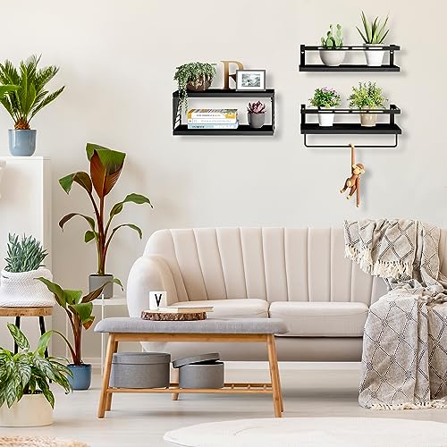 Fixwal 3+1 Tier Wall Mounted Bathroom Shelves Over Toilet, Rustic Wood Floating Shelves with Metal Frame and Towel Bar for Bathroom, Kitchen, Bedroom, Living Room (Black) - color: 5-black