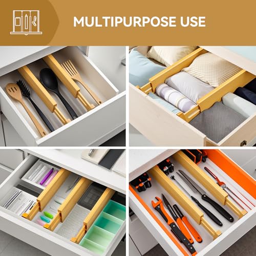 Secura Bamboo Drawer Dividers Organizer 4-Pack, Adjustable Drawer Separators Expandable from 12.0-17.1 inches for Kitchen, Office, Bathroom, Closet, Dresser
