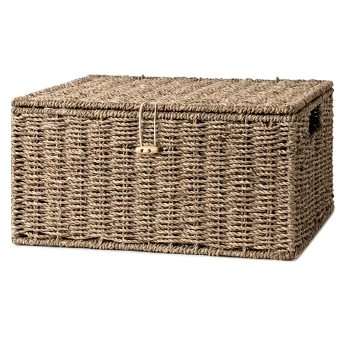 StorageWorks Seagrass Wicker Baskets for Organizing, Large Wicker Basket with Lid, Decorative Basket with Built-in Handles, Storage Baskets for Shelves, 1 Pack - color: Natural(Seagrass), size: 15"L × 11"W × 7"H