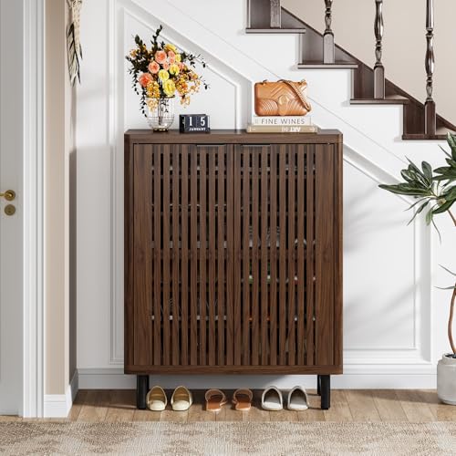 Tribesigns 6-Tier Shoe Cabinet with Shutter Doors, Large Wooden Shoe Organizer Rack with Adjustable Shelves, Modern Farmhouse Hidden Storage Furniture for Entryway, Hallway (Dark Walnut) - color: Dark Walnut