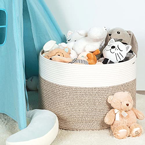 MINTWOOD Design Extra Large 22 x14 Inches Decorative Woven Cotton Rope Blanket Storage Basket Bin Living Room and Laundry Hamper for Pillows, Pool Towels, Dog Toys, Shoes, Light Brown - color: Light Brown