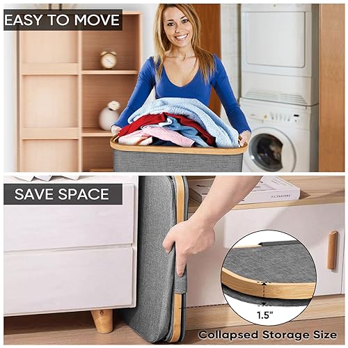 BALEINE Laundry Hamper with Lid, Tall Laundry Baskets with Bamboo Pull Handles, Large Laundry Bin with Internal Support (18 Gal/70L, Grey) - color: Grey, size: 70 liters