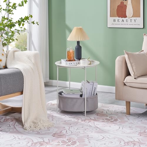 VECELO Round Side/End Table with Fabric Storage Basket，Metal Anti-Rust and Waterproof Small Bedside Nightstand with Removable Tray Top for Living Room，Balcony & Laundry，Beige/1pcs with Basket - color: Beige, size: 1 PCS with Basket