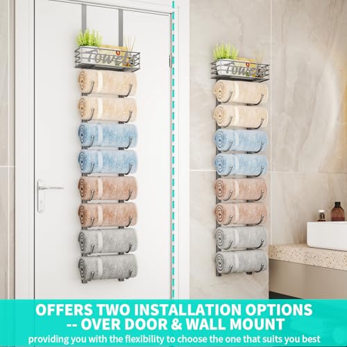 HapiRm Towel Racks for Bathroom Storage - 9 Tier Over The Door & Wall Mount Rolled Towel Storage Organizer Holder with Metal Shelf Basket for Small Bathroom, Camper, Rv - Sliver, Patented - color: Silver, size: 9-Tier