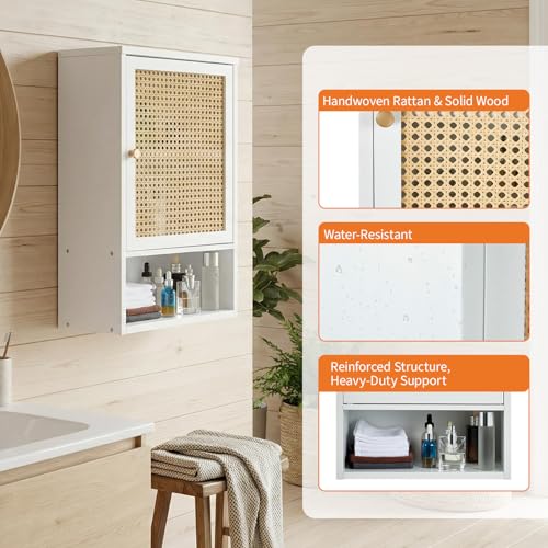 Takywep Bathroom Wall Cabinet, White Bamboo with Rattan Doors Adjustable Shelf Wall Mounted, Over Toilet Storage Organizer, Wooden Medicine Cabinet for Bathroom, Kitchen, Laundry, Living Room - color: White
