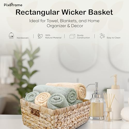 Large Rectangular Handwoven Wicker Basket - Natural Water Hyacinth Storage Baskets with 2 Built-in Handles - Ideal for Towel, Blankets, and Home Organizer & Decor - 16.5"x13"x7.50" - Brown - size: 16.D5x13Wx7.5H
