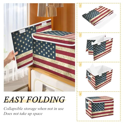 xigua American Flag Storage Bins with Lids and Carrying Handle,Foldable Storage Boxes Organizer Containers Baskets Cube with Cover for Home Bedroom Closet Office - color: American Flag