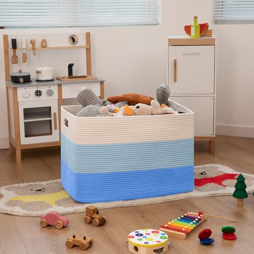 OIAHOMY 108L Super Large Blanket Basket, 25”x16”x16” Rectangle Woven Baskets for Storage, Cotton Rope Basket For Living Room, Toy Storage with Handle - Gradient Light Blue - color: Gradient Light Blue