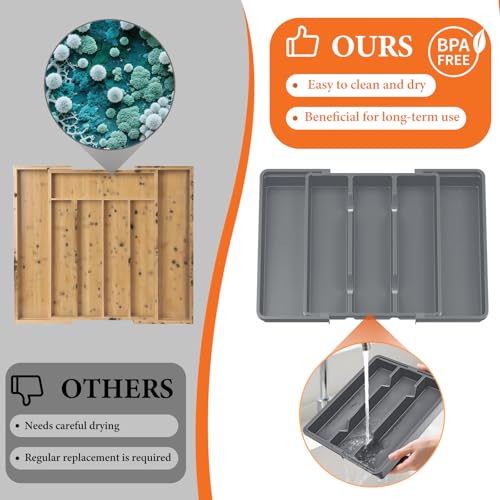 Silverware Organizer, Expandable Utensil Drawer Organizer for Kitchen Drawers, Kitchen Drawer Organizer for Spoons/Forks/Knives, Multipurpose & BPA Free Cutlery Tray, Grey, 1 Pack - color: Gray