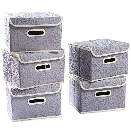 PRANDOM Stackable Storage Boxes with Lids [5-Pack] Fabric Decorative Storage Bins Cubes Organizer Containers Baskets with Cover Handles Divider for Bedroom Closet Living Room Grey 9.8x7.9x6.7 Inch - color: Gray, size: Small(5-Pack)