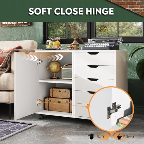 5-Drawer Wood Drawer Cabinet, Office Storage Cabinet with Adjustable Shelf & Wheels, Printer Stand for Home Office, White, 15.7" D x 30.7" W x 25.4" H - color: White