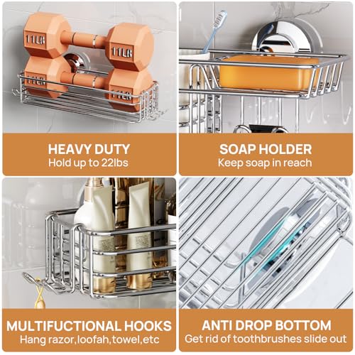 LEVERLOC Shower Caddy Suction Cup, 3 Pack Heavy Duty Bathroom Organizer For Inside Shower With Hooks & Soap Holder, Removable Bathroom Organizer, Rustproof Silver Holder Storage,Silver - color: 3 × Silver