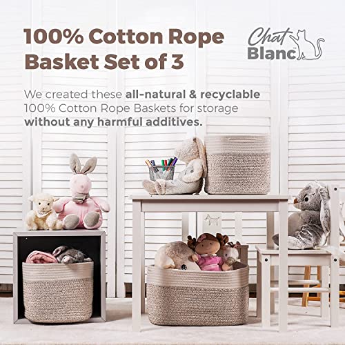 CHAT BLANC Cotton Rope Baskets for Organizing | 15”x10”x9” Storage Baskets for Shelves | Small Laundry Woven Baskets for Storage, Dog Toy Bin, Baby Basket,Off White&Brown 3 Pack - color: Creamy White & Brown, size: 3 PACK | Medium | 15"x10"x9"
