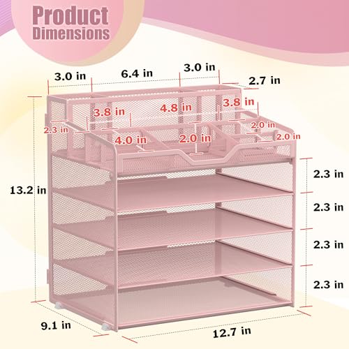 Docnest 5 Tier Mesh Desk Organizer for Paper Office Supplies – Multi-Functional Letter Tray with 5 Adjustable Compartments, 3 Pen Holders, Desktop Storage for Files, Mail, Stationery – Pink - color: Pink, size: 12.7" x 9.1" x 13.2"