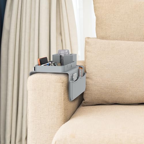 ENNVA Couch Arm Cup Holder Tray, Silicone Anti-Slip Sofa Armrest Table with Dual Side Storage Pockets, Drink Holder, Phone Stand & Remote Organizer, Couch Caddy for Wide Armrest (Gray)