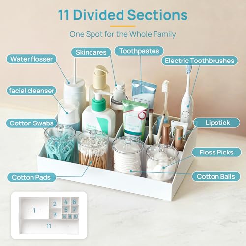 Vtopmart 5 PCS Bathroom Countertop Organizer, 1 Divided Tray with 4 Qtip Holder Jars, Restroom Clear Organizers for Toothbrush, Cotton Pads Balls, Floss, Bathroom Vanity Accessories Storage Set, White - color: White