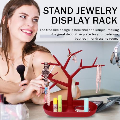 OULIGET Tabletop Key Holder Stand Tree Key Rack,Stand Jewelry Display Necklace Ring Earring Holder Rack,Jewelry Organizer Tray Home Decor for Home Entryway (Red) - color: Red