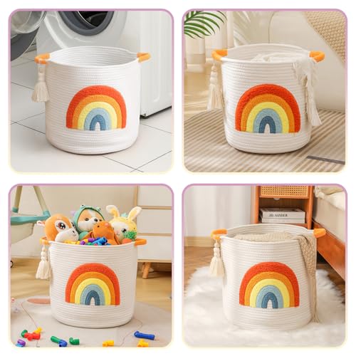 INough Toy Storage Baskets Woven Cotton Rope Storage Basket Kids Blanket Baskets for Living Room, Toys Organizer with Embroidery Colorful Rainbow Decor, Baby Basket for Laundry Nursery (Boho Rainbow) - color: Rainbow O, size: Medium