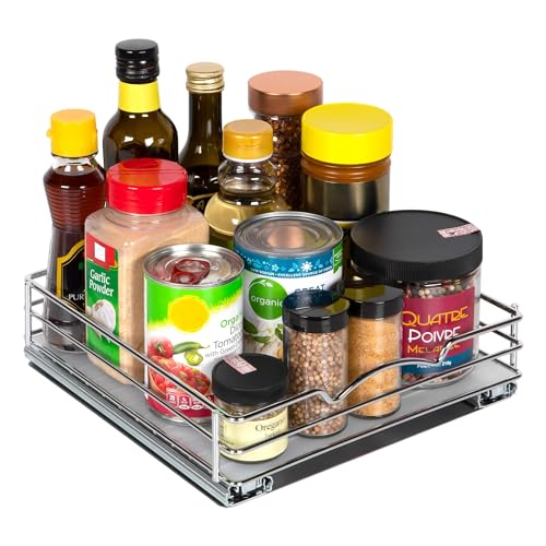 Pull-Out Cabinet Spice Rack Organizer - Slim Slide-Out Storage for Spices, Bottles & Jars, Premium Heavy-Duty Steel, Easy Install for Narrow Kitchen Cabinets - 10 ⅜ W x 10 ⅜ D x 2 ¾ H, Chrome - size: 10 Inch - Single