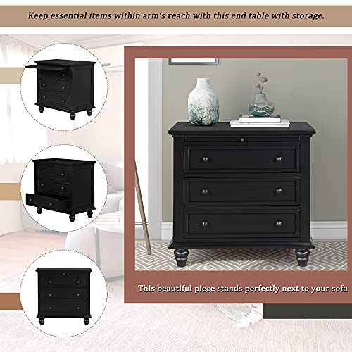 Modern Storage Wood Cabinet with 3-Drawer, Sofa Table Console Table End Table with Pull Out Tray, Accent Table Furniture for Entryway Living Room,Fully Assembly Bedside Table (Black) - color: Black
