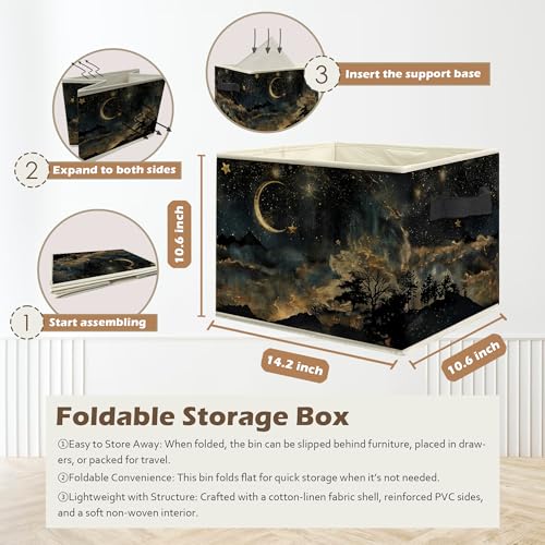 Mystical Crescent Moon Star Celestial Storage Box Bins, Moody Starry Night Sky Collapsible Storage Basket Organizer for Bedroom Laundry Room Home Clothes Toys Books, Toybox for Kids - color: Mystical Moon-02