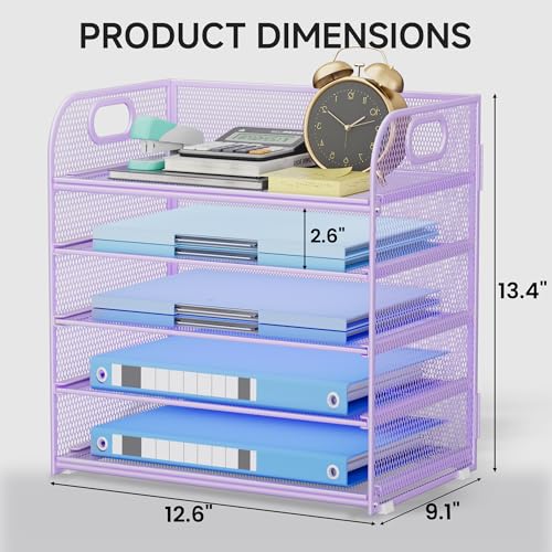 5-Tier Stackable Paper Organizer with Handle, Purple Metal Mesh Letter Tray | Elegant Desk File Sorter for Office, Home & Classroom Organization - color: Purple, size: 12.6" x 9.1" x 13.4"