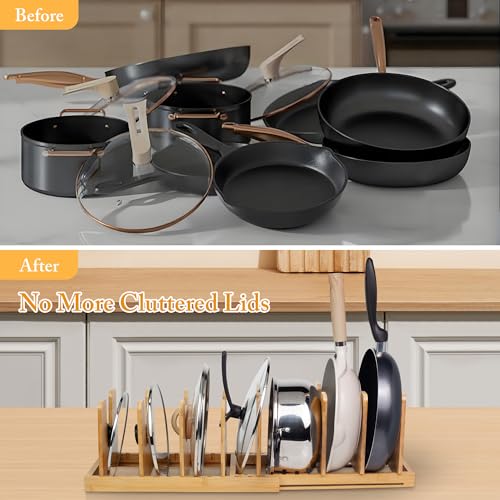 MinBoo Bamboo Expandable Pot Lid Organizer, Pot and Pan Organizer Drawer Organizer for Pot Lids, Adjustable 10 U-Shaped Dividers for Kitchen Cabinet Organizers and Storage (Bamboo-1)
