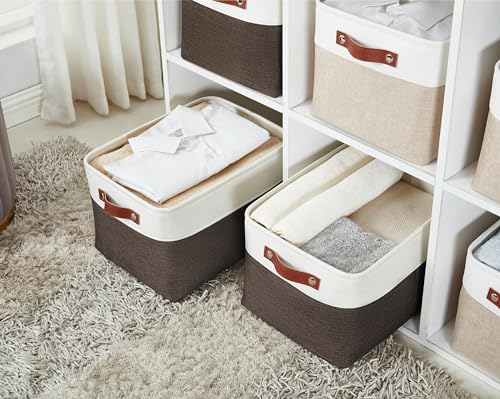 DECOMOMO Storage Bins, Large Fabric Storage Baskets for Shelves, Decorative Linen Closet Organizer, 15 x 11 x 9.5 inches (Brown & White, 3 Pack) - color: Brown and White, size: Large/3P
