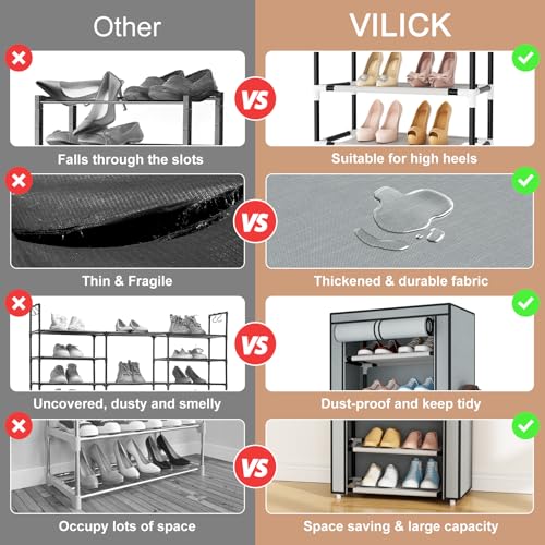 VILICK Shoe Rack with Cover Narrow Shoe Rack Organizer with 4 Side Pockets 10 Tier Tall Shoe Storage Shoe Shelf Holds 18-22 Pairs Shoes and Boots Shoe Rack for Closet, Grey - color: Grey, size: 10 Tiers-17.7" Wide