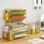 Simple Trending 7 Tier Desk File Organizer, Letter Tray Paper Organizer with Pen Holder and Metal Hanging Basket, Gold - color: Pen Holder Gold