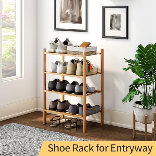 Small Shoe Rack, 4-Tier Bamboo Stackable Shoe Shelf Storage Organizer, Shoe Stand for Closet, Entryway and Hallway - color: Natural, size: 4-Tier-Short