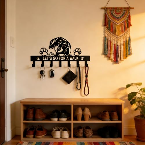 Dachshund Key & Dog Leash Holder for Wall, 7-Hook Wall Dog Storage Organizer for Entryway, Hallway, Front Door, Kitchen, Small Black Key Rack, Wall-Mounted Key Hanger, Dachshund Gifts & Decor - color: Dachshund