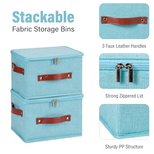3PCS Storage Bins Boxes with Zippered Lids Cotton Linen Fabric Decorative Basket PU Leather Handles PP Plastic Board Foldable Lidded Clothing Shelf Closet Organizer Container (Blue, Small) - color: Blue, size: Small ( Pack of 3 )