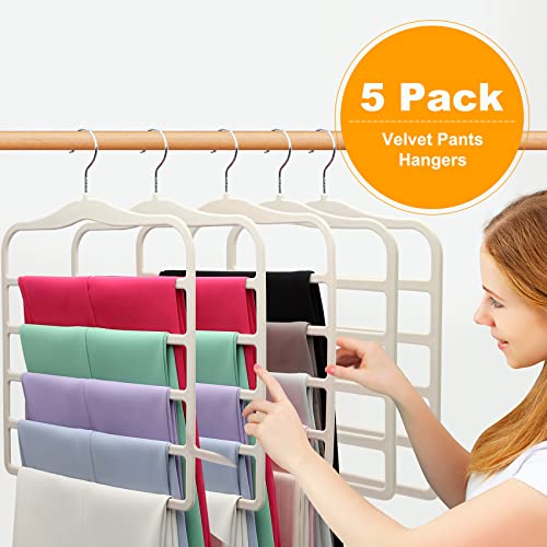 Closet Organizers and Storage,5 Pack Velvet Pants-Hangers-Space-Saving,Non Silp 5 Tier Organization-and-Storage Clothes-Hanger for College-Dorm-Room-Essentials,Closet-Organizer for Jeans Scarf Hanger - color: White