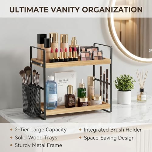 LEMIKKLE 2-Tier Wood Bathroom Counter Organizer with Basket,Waterproof Vanity Perfume Skincare Storage for Bathroom, Kitchen, Dresser - color: Light Brown