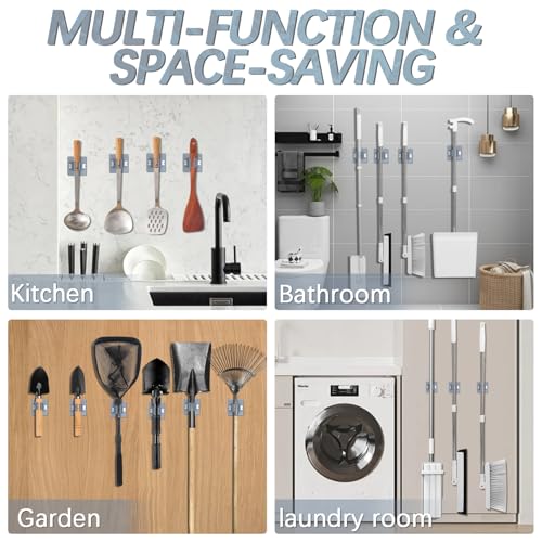 3-H 8-Pack Self Adhesive Broom Holder Wall Mount - Heavy Duty No Drill Broom Organizer for Garage Closet Kitchen, Plastic Storage Rack for Brooms Mops Tools, Peel and Stick Adhesive - color: Grey, size: 8