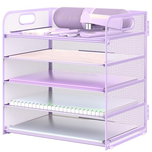 Letter Tray Paper Organizer 5-Tier Desk Organizer File Organizer Paper Holder with Handle, Metal Desktop Document Shelf Tray Office Classroom Organization - Purple - color: Purple