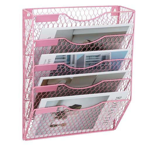 EASEPRES Mail Organizer Wall Mount Hanging File Holder Storage, Metal Chicken Wire Magazine Rack 5 Tier, Pink - color: Pink, size: 5 Tier