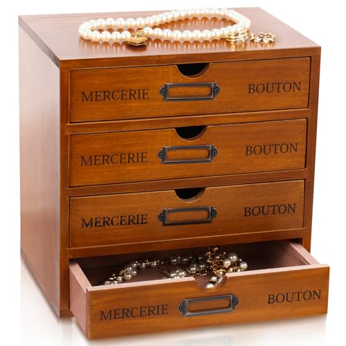 Wesiti 4 Drawer Vintage Wooden Desk Organizer, Apothecary Cabinet Storage Drawers, Rustic Shelf Drawer, Home Office Organizers and Accessories, Embroidery Floss, Craft, Art, Jewelry Storage, Stackable - color: Brown, size: 4 Drawers