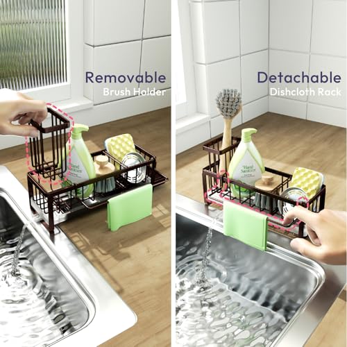 SWTYMIKI Sponge Holder for Kitchen Sink - Sink Caddy with Brush Holder Self-draining Sponge Caddy Organizer with Divider Stainless Steel Kitchen Accessories Storage for Countertop, Bronze - color: Bronze