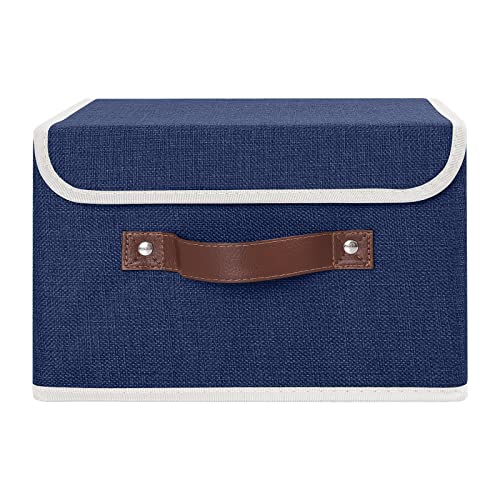 ANMINY Storage Bin with Lid Storage Boxes with PU Leather Handles PP Plastic Board Decorative Foldable Lidded Cotton Linen Fabric Home Cubes Baskets Closet Organizer Container - Blue, Small Size - color: Blue, size: Small (Pack of 1)