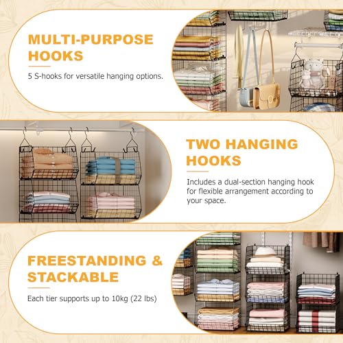 X-cosrack 7 Tier Foldable Hanging Closet Organizer and Storage,Wire Closet Shelving with 4 Large Hooks+ 5 S Hooks,Hanging Basket for Clothes Sweaters Shoes Handbags,Small Closet Organizers - color: Black, size: 7-Tier