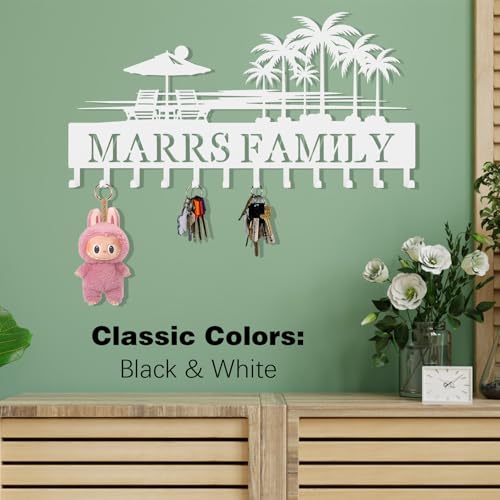 Personalized Metal Key Holder Wall Mount, Black Custom Key Holder for Wall, Wall Key Rack with 6–12 Hooks for Keys, Modern Home Entryway Organizer - color: Palm Tree & Beach