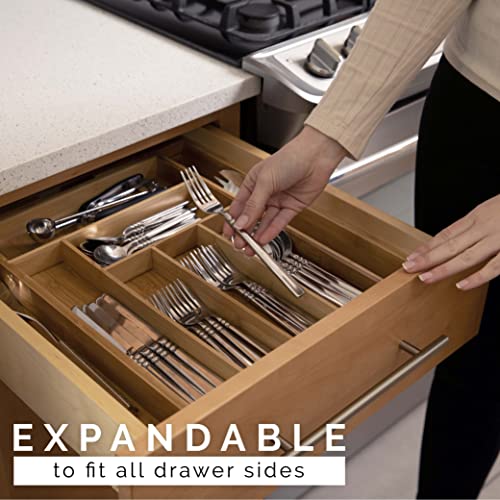 Masirs Expandable Bamboo Kitchen Drawer Organizer - Adjusts to Fit Drawer Size, Ideal for Silverware, Utensils, and Office Supplies, Durable Bamboo Construction - color: Brown