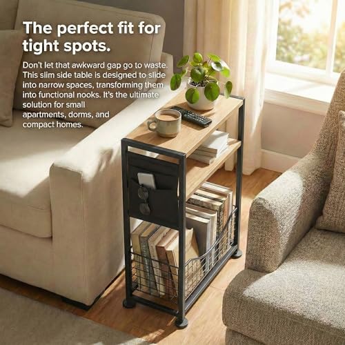 Skinny Side Table with Storage, 3 Tier Slim Side Tables for Small Spaces, Skinny End Table Narrow Bedside Table Narrow Side Table for Living Room, Bedroom - color: Oak