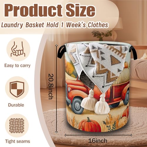 Happy Fall Laundry Hamper,Thanksgiving Day Red Truck and Pumpkin Laundry Baskets,Waterproof Oxford Cloth Toy Storage for Bedroom,Bathroom,Nursery,16x20.8 Inch - color: Happy Fall,Thanksgiving Day Red Truck and Pumpkin