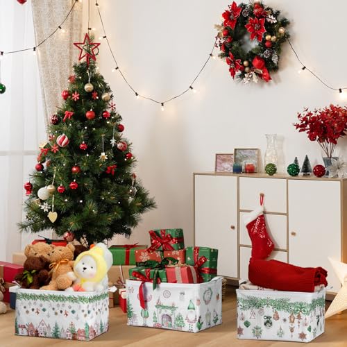4 Pack Christmas Storage Bin Collapsible Large Christmas Storage Baskets for Gifts Xmas Tree Canvas Laundry Basket Foldable Box with Handle for Office Home Bedroom Clothes Toys Holiday Decor - style: Neutral Wind
