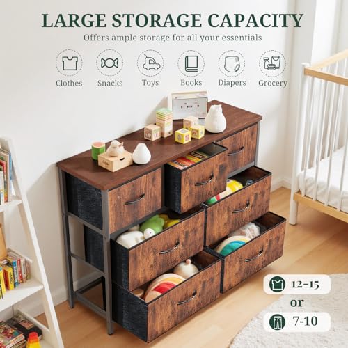7-Drawer Dresser for Bedroom, Anti-Tip Wide Storage Organizer Fabric Chest of Drawers TV Stand for 45" TV with Wooden Top and Metal Frame for Closet, Living Room, Hallway, Entryway, Brown - color: Brown, size: 11.8"D x 39.3"W x 30.3"H (7 Drawers)